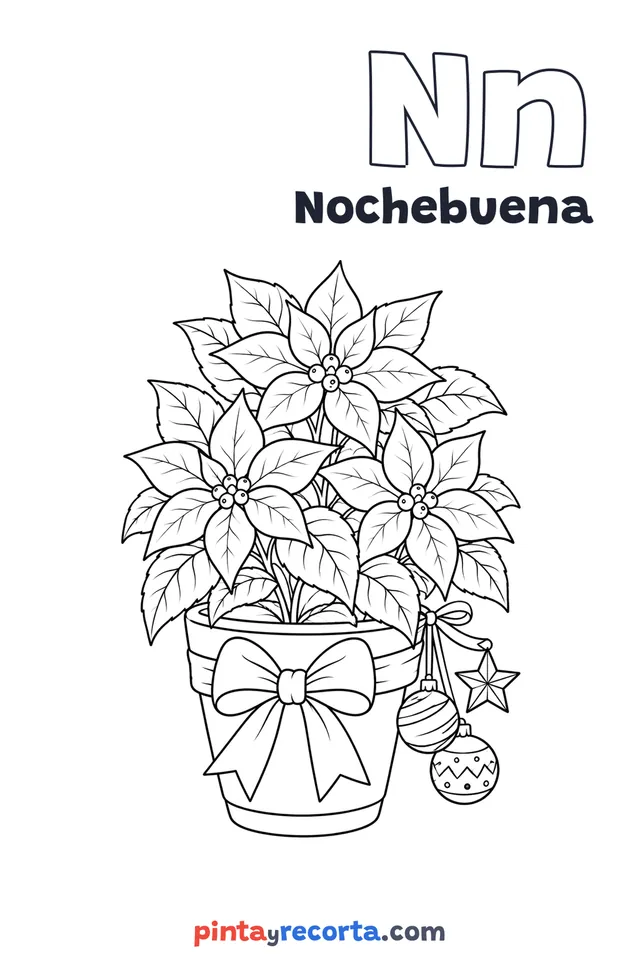 Dibujo de nochebuena para colorear con la letra Nn y la palabra Nochebuena, nivel intermedio
