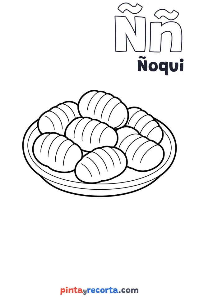 Dibujo de ñoqui para colorear con la letra Ññ y la palabra Ñoqui, nivel básico