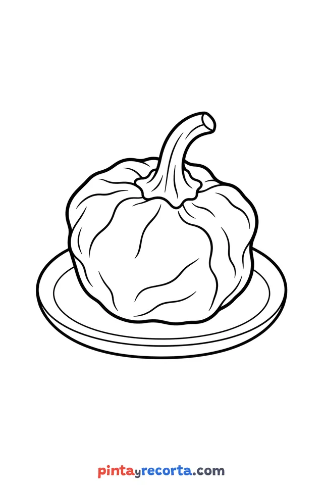 Dibujo de ñora para colorear seca, sobre un plato, nivel básico con trazos gruesos y áreas grandes