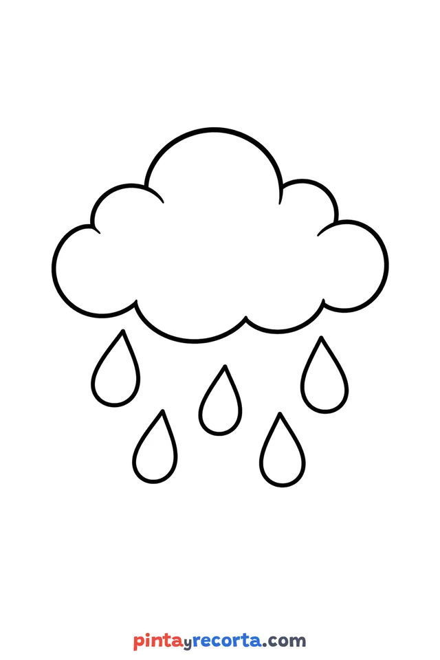 Dibujo de nube para colorear con gotas de lluvia, nivel básico con trazos gruesos y áreas grandes