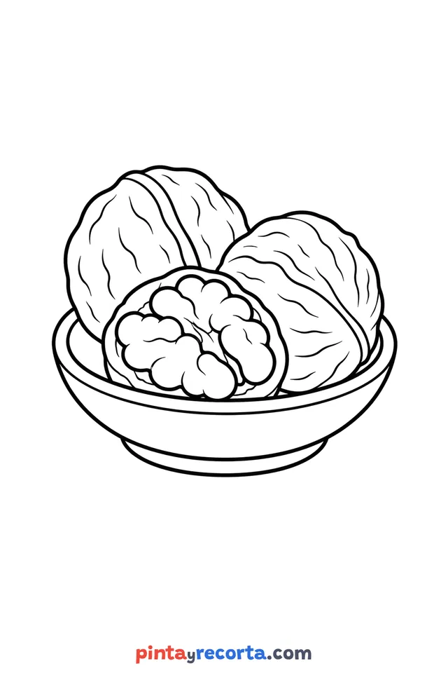 Nut coloring page: in a bowl, one of them cracked open, easy level with thick outlines and big spaces