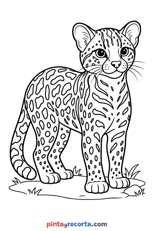 Ocelot coloring page: full-body ocelot in a calm pose, easy level with thick outlines and big spaces