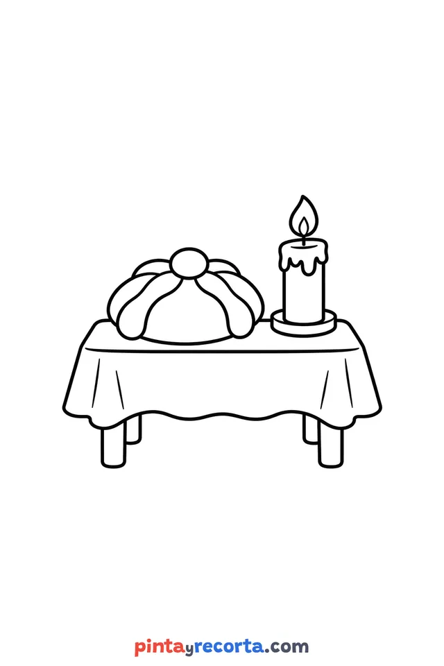 Dibujo de ofrenda de Día de Muertos para colorear, nivel básico con trazos gruesos y áreas grandes