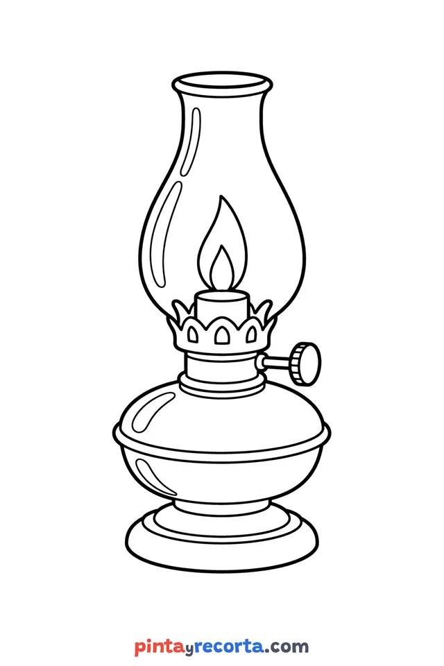 Oil lamp coloring page: with its flame lit, easy level with thick outlines and big spaces