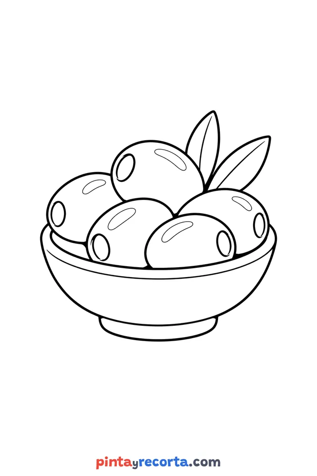 Dibujo de oliva para colorear en un tazón con sus hojas, nivel básico con trazos gruesos y áreas grandes