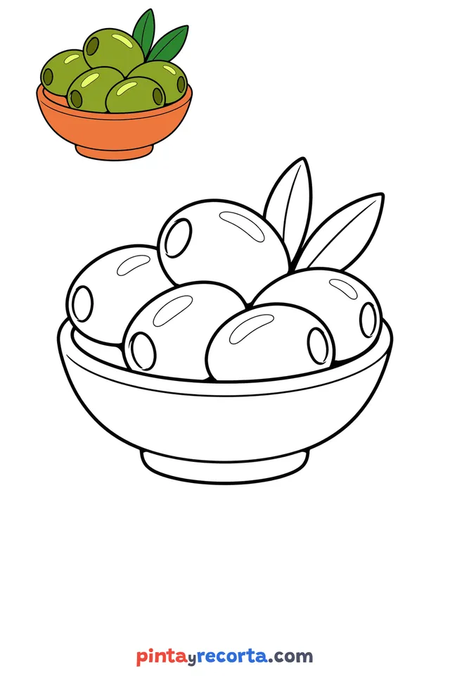 Olive coloring page with a small color guide, easy level