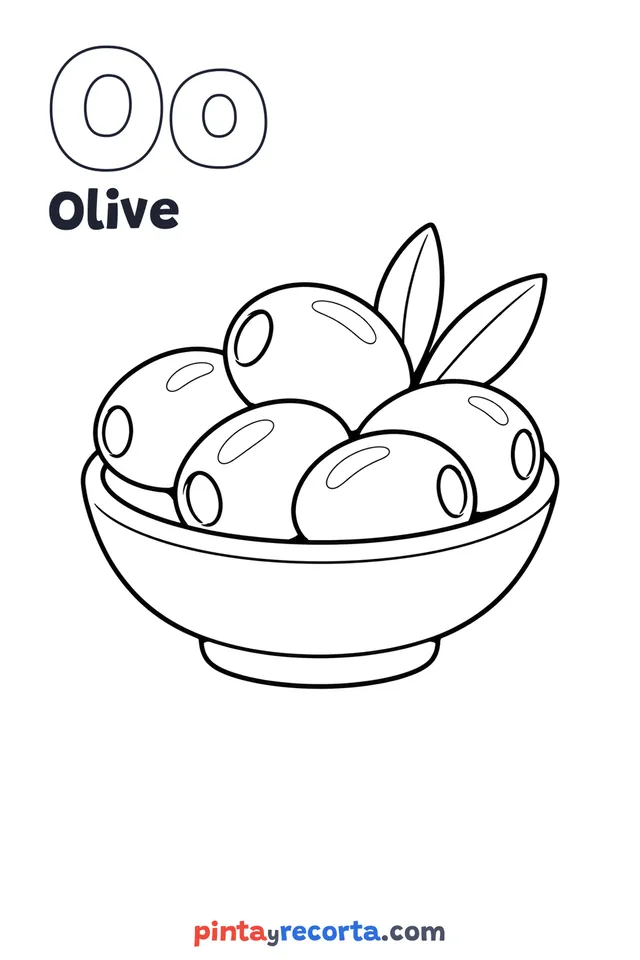 Olive coloring page with the letter Oo and the word Olive, easy level