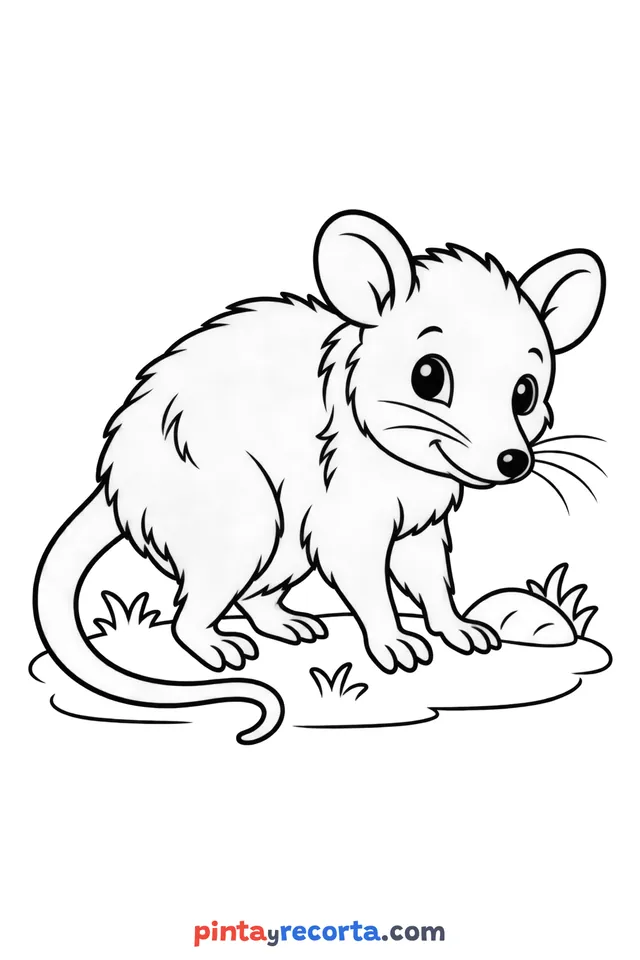 Opossum coloring page: full-body opossum in a calm pose, easy level with thick outlines and big spaces