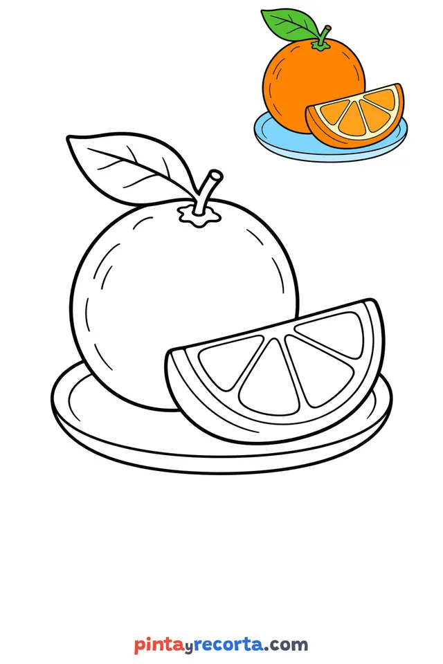 Orange coloring page with a small color guide, easy level