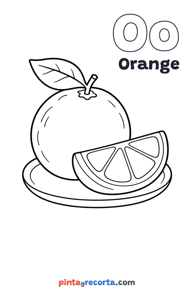 Orange coloring page with the letter Oo and the word Orange, easy level