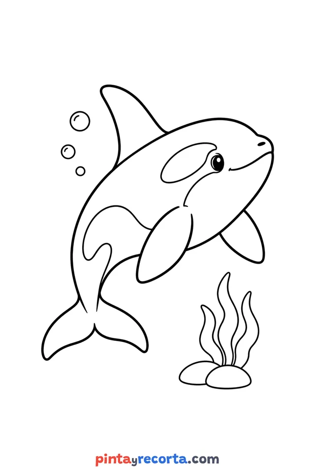 Orca coloring page: jumping next to some seaweed, easy level with thick outlines and big spaces