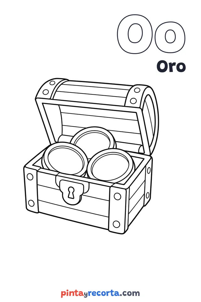 Dibujo de oro para colorear con la letra Oo y la palabra Oro, nivel básico