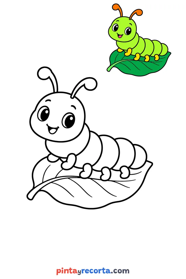 Dibujo de oruga para colorear con una guía de color en miniatura, nivel básico