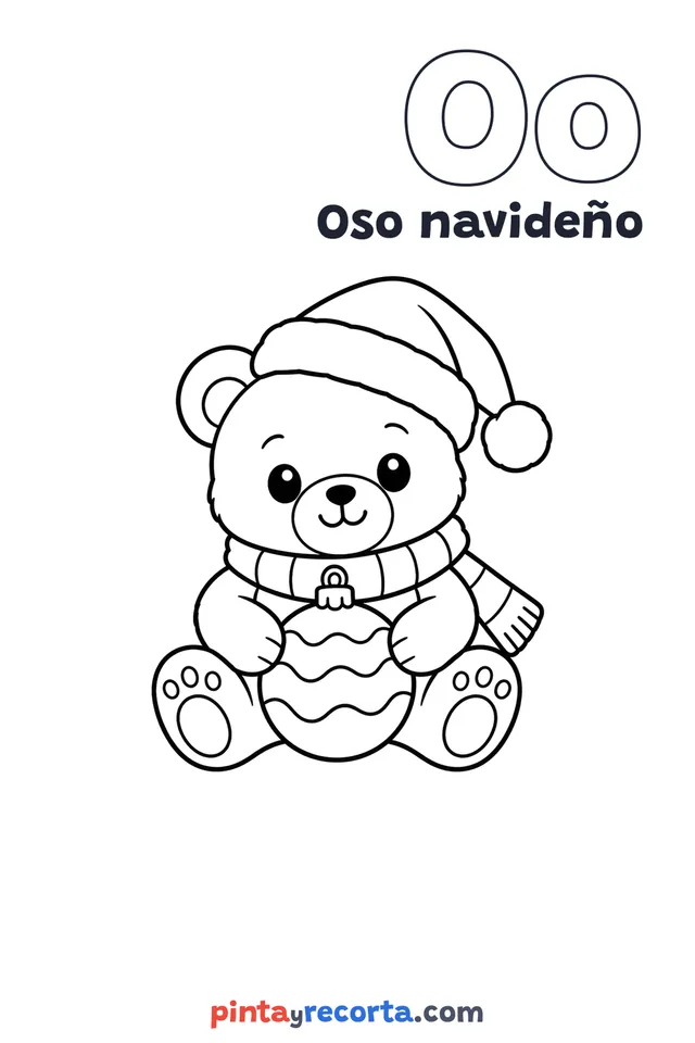 Dibujo de oso navideño para colorear con la letra Oo y la palabra Oso navideño, nivel básico