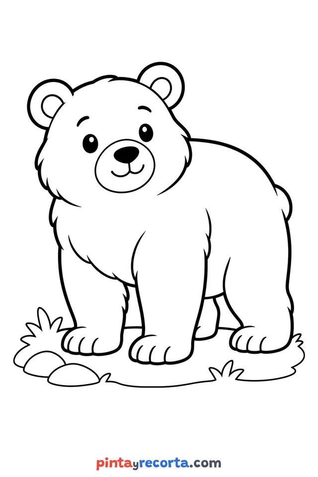 Dibujo de oso para colorear de cuerpo completo en pose tranquila, nivel básico con trazos gruesos y áreas grandes