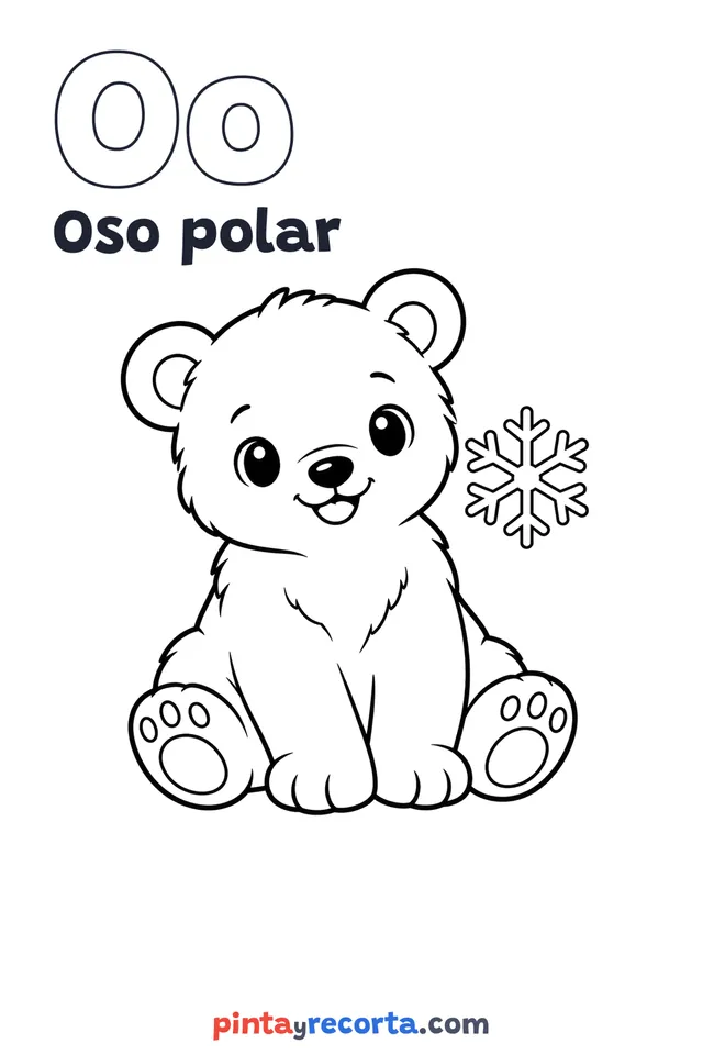 Dibujo de oso polar para colorear con la letra Oo y la palabra Oso polar, nivel básico