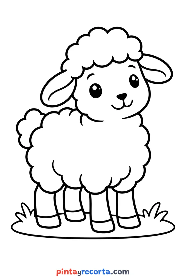 Dibujo de oveja para colorear de cuerpo completo en pose tranquila, nivel básico con trazos gruesos y áreas grandes