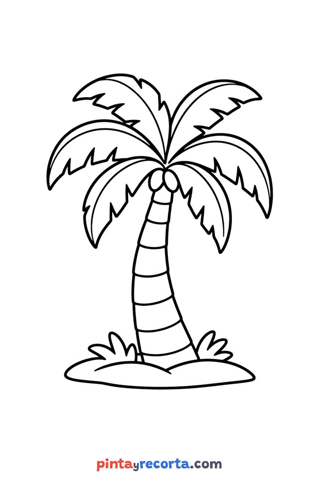 Palm tree coloring page: on an island with coconuts, easy level with thick outlines and big spaces