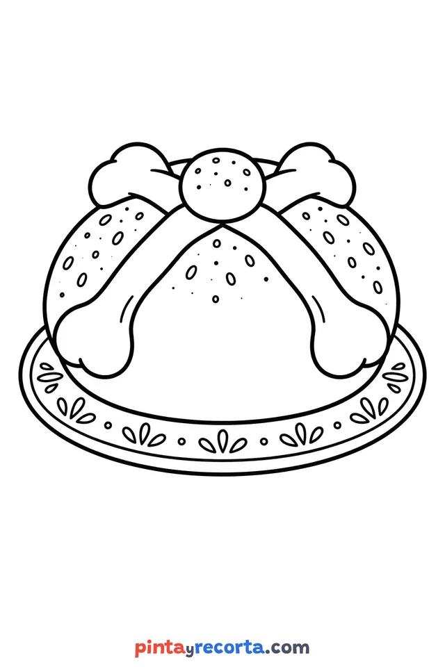 Dibujo de pan de muerto de Día de Muertos para colorear, nivel básico con trazos gruesos y áreas grandes