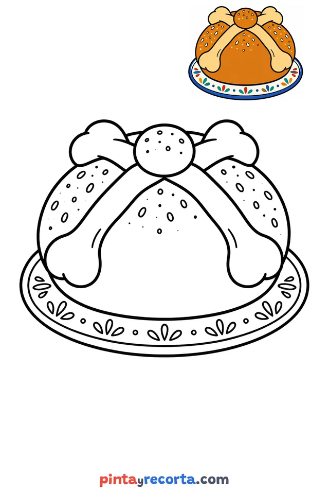 Dibujo de pan de muerto para colorear con una guía de color en miniatura, nivel básico