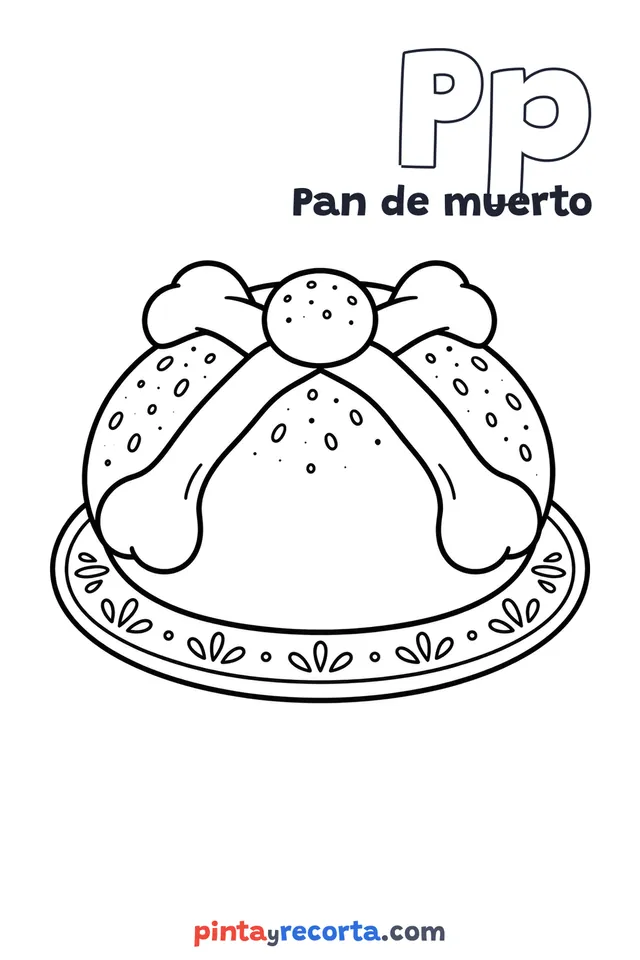 Dibujo de pan de muerto para colorear con la letra Pp y la palabra Pan de muerto, nivel básico