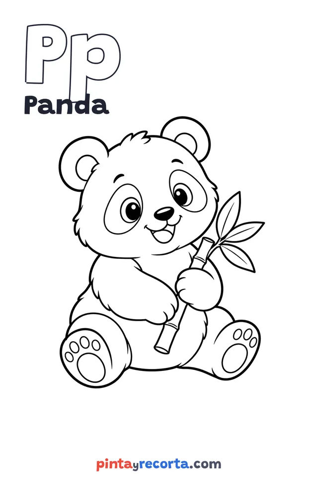 Dibujo de panda para colorear con la letra Pp y la palabra Panda, nivel básico