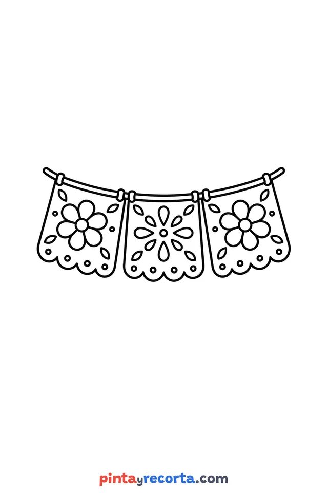 Dibujo de papel picado de Día de Muertos para colorear, nivel básico con trazos gruesos y áreas grandes