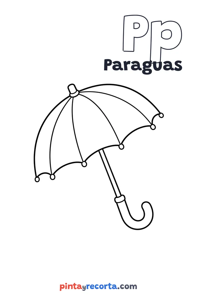 Dibujo de paraguas para colorear con la letra Pp y la palabra Paraguas, nivel básico