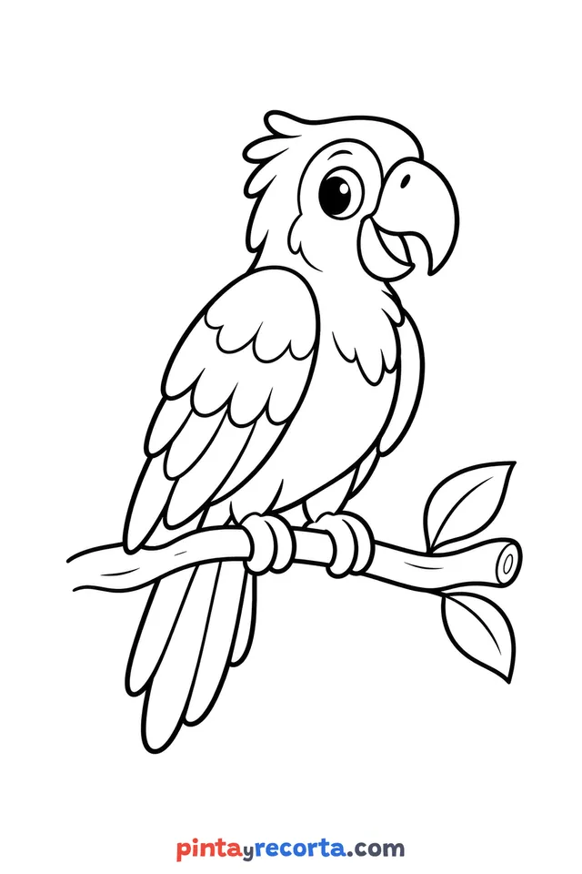 Parrot coloring page: full body in a calm pose, easy level with thick outlines and big spaces