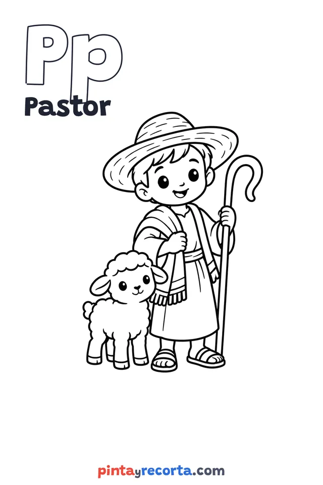 Dibujo de pastor para colorear con la letra Pp y la palabra Pastor, nivel básico