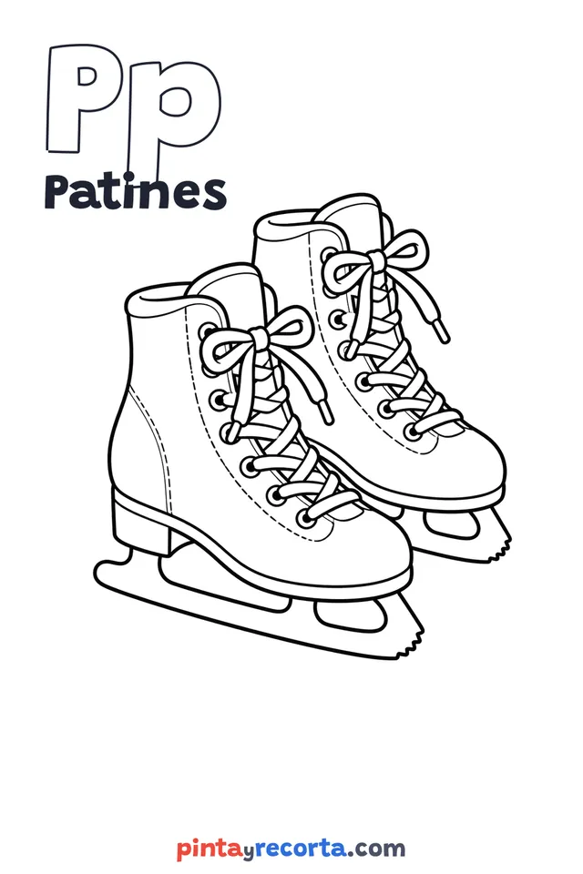 Dibujo de patines para colorear con la letra Pp y la palabra Patines, nivel básico