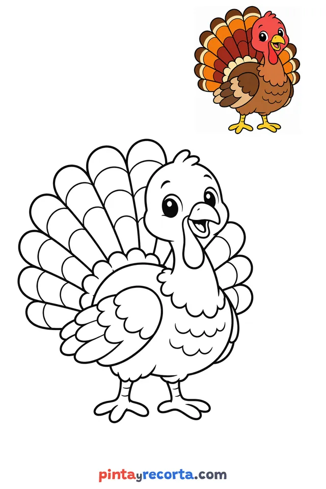 Dibujo de pavo para colorear con una guía de color en miniatura, nivel básico