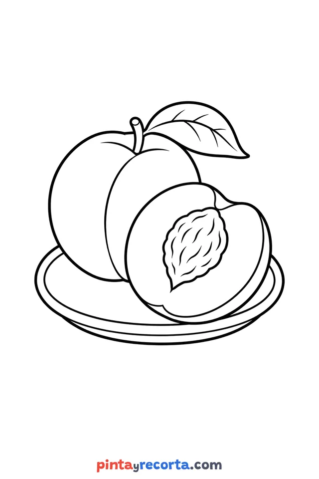 Peach coloring page: served on a plate, easy level with thick outlines and big spaces