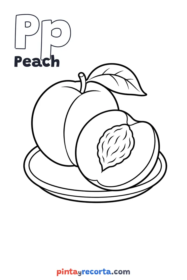 Peach coloring page with the letter Pp and the word Peach, easy level