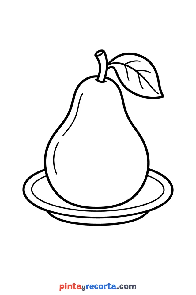 Pear coloring page: on a plate, easy level with thick outlines and big spaces