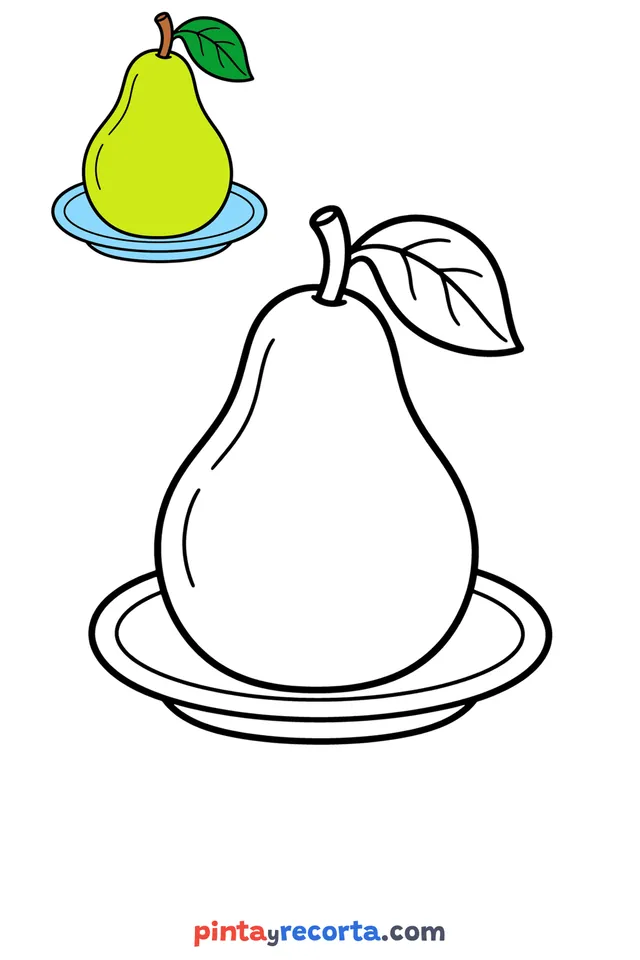 Pear coloring page with a small color guide, easy level