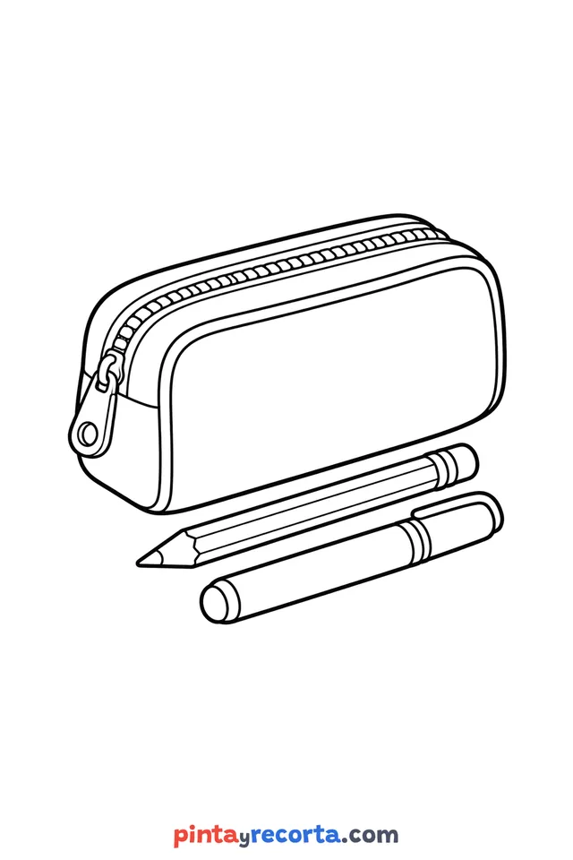 Pencil case coloring page: in three-quarter view, easy level with thick outlines and big spaces