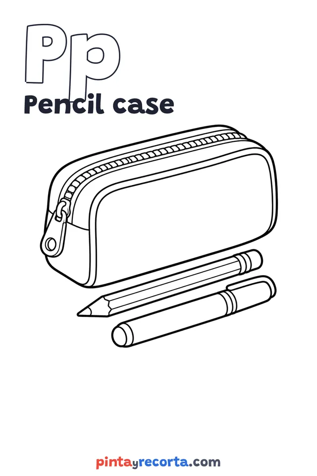 Pencil case coloring page with the letter Pp and the word Pencil case, easy level
