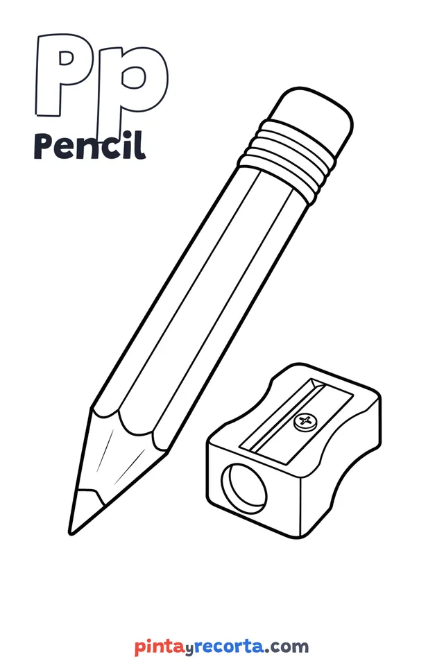 Pencil coloring page with the letter Pp and the word Pencil, easy level