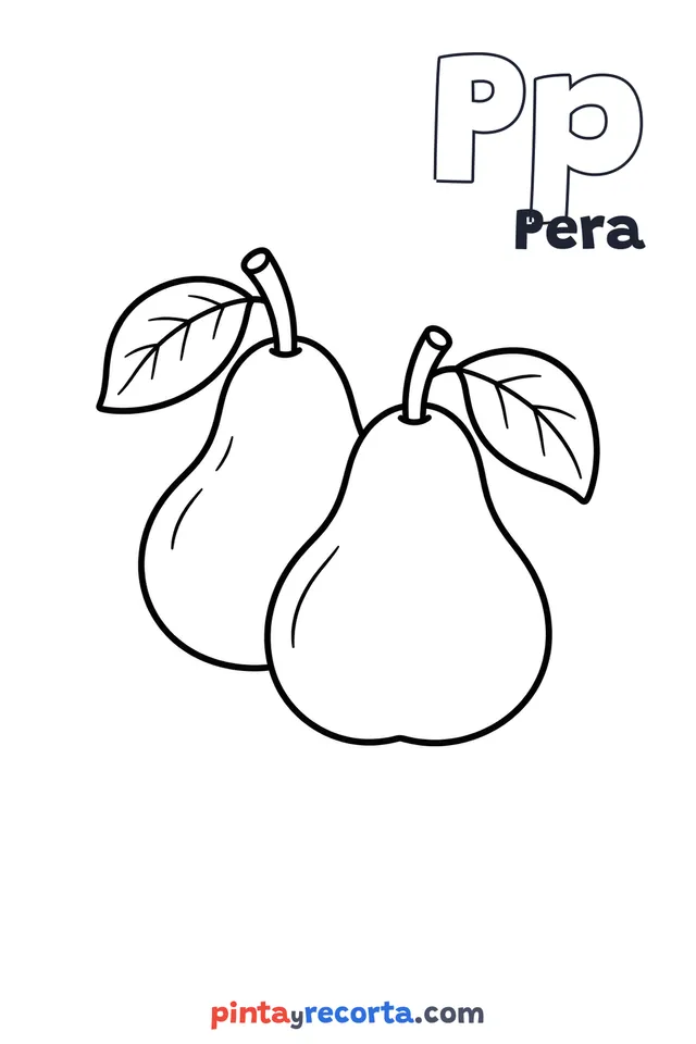 Dibujo de pera para colorear con la letra Pp y la palabra Pera, nivel básico