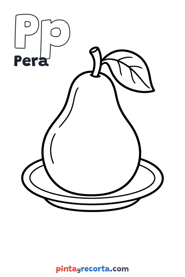 Dibujo de pera para colorear con la letra Pp y la palabra Pera, nivel básico