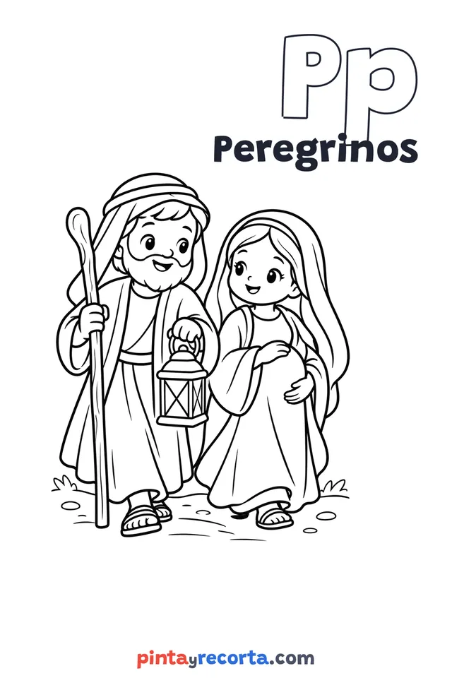 Dibujo de peregrinos para colorear con la letra Pp y la palabra Peregrinos, nivel básico
