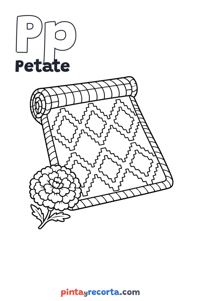 Dibujo de petate para colorear con la letra Pp y la palabra Petate, nivel básico