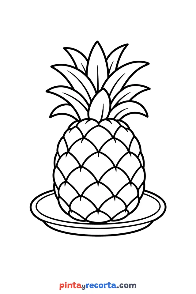 Dibujo de piña para colorear sobre un plato, nivel básico con trazos gruesos y áreas grandes