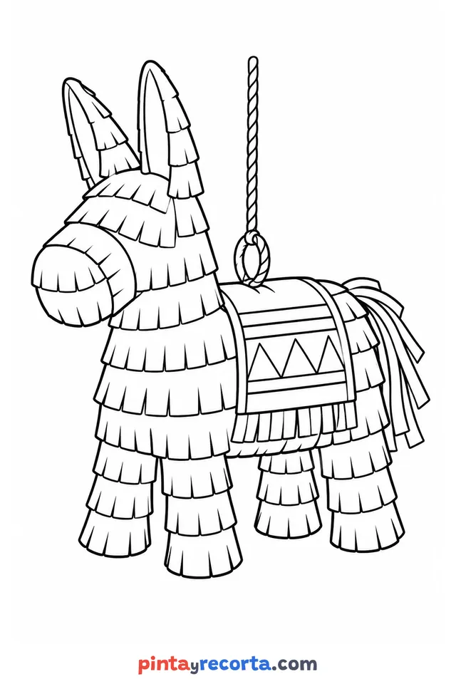 Dibujo de piñata de burrito de Posadas para colorear, nivel básico con trazos gruesos y áreas grandes
