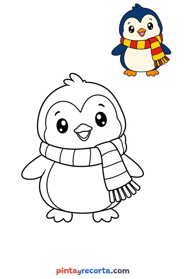 Dibujo de pingüino para colorear con una guía de color en miniatura, nivel básico