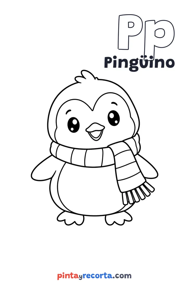 Dibujo de pingüino para colorear con la letra Pp y la palabra Pingüino, nivel básico