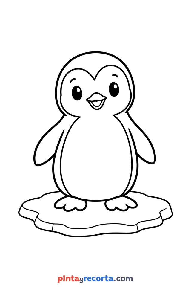 Dibujo de pingüino para colorear de cuerpo completo en pose tranquila, nivel básico con trazos gruesos y áreas grandes