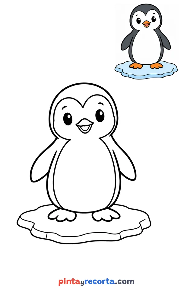 Dibujo de pingüino para colorear con una guía de color en miniatura, nivel básico