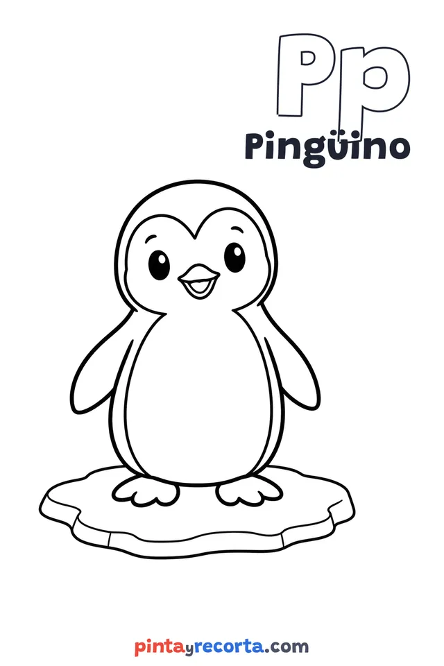 Dibujo de pingüino para colorear con la letra Pp y la palabra Pingüino, nivel básico